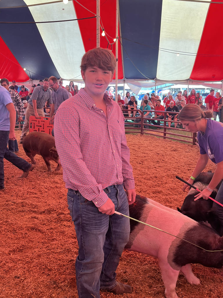 Delta FFA Member Ryan Glenzy showing one of his market barrows at the  2022 SEMO District Fair.