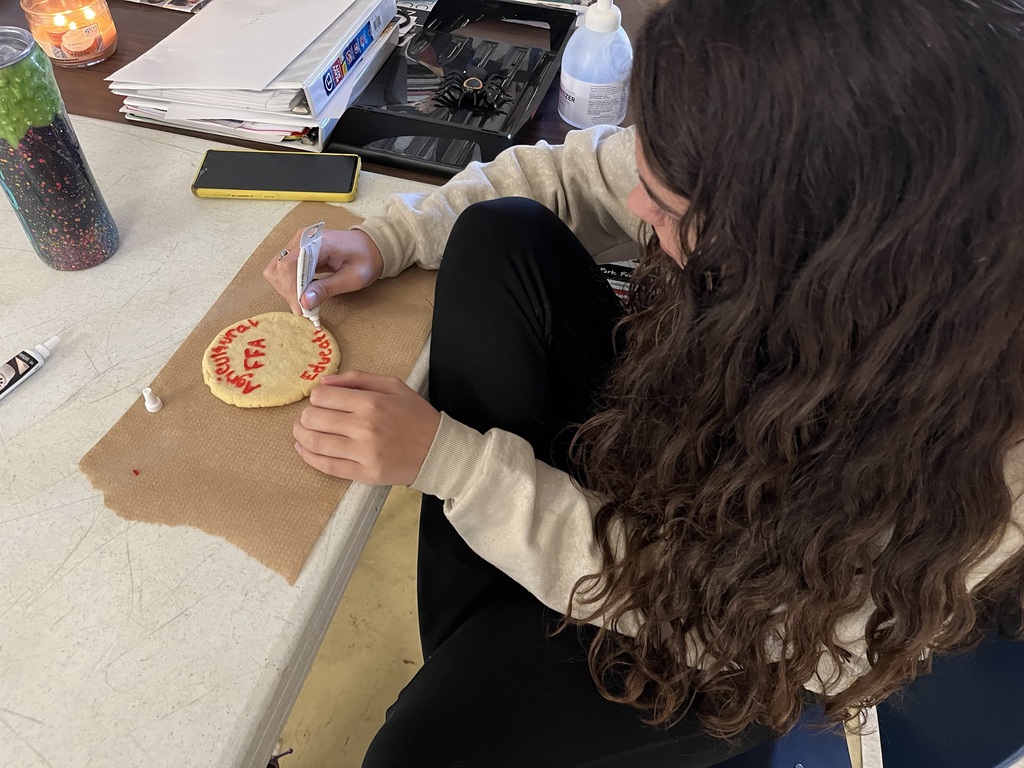 Breanna Callaway decorating her FFA emblem cookie.